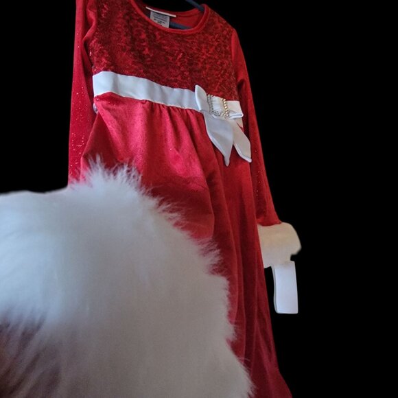 Girls Red & White Long Sleeve Christmas Dress W/ Faux Fur Trim Sequin Top Bow Ac - Picture 2 of 13